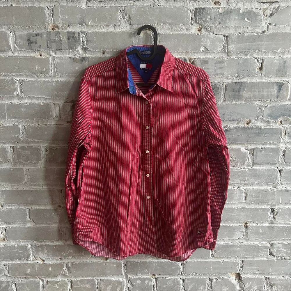 Vintage 90s Tommy Hilfiger Striped Button Down Shirt Red White Blue Size 12